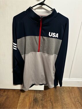 Adidas Men’s USA Colorblock Quarter-Zip Pullover - Navy, Gray, Red Accent